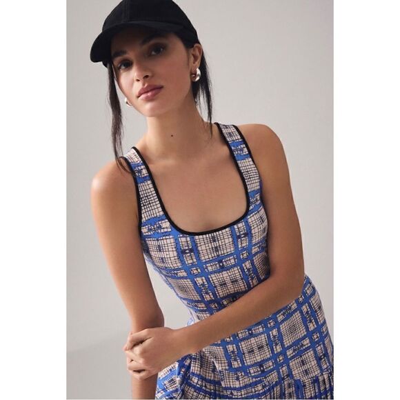 NEW Anthropologie Dhruv Kapoor Blue Plaid Mesh Scoop Neck Midi Dress Plus 2X - Picture 5 of 8